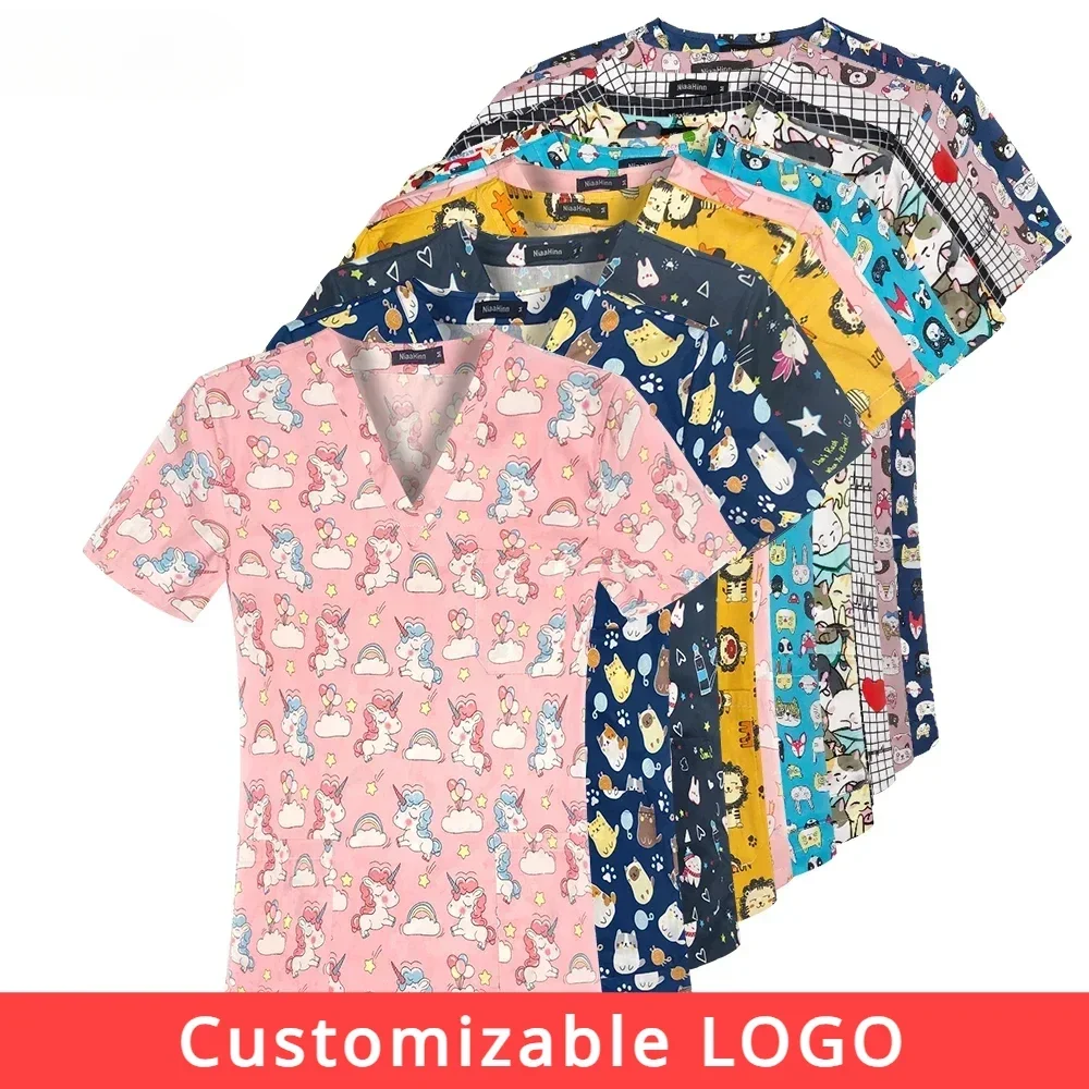 Top Floral ajustado con logotipo personalizable, uniforme de enfermera veterinaria femenina con cuello en V, camisa de manga corta, monos veterinarios para el cuidado de mascotas