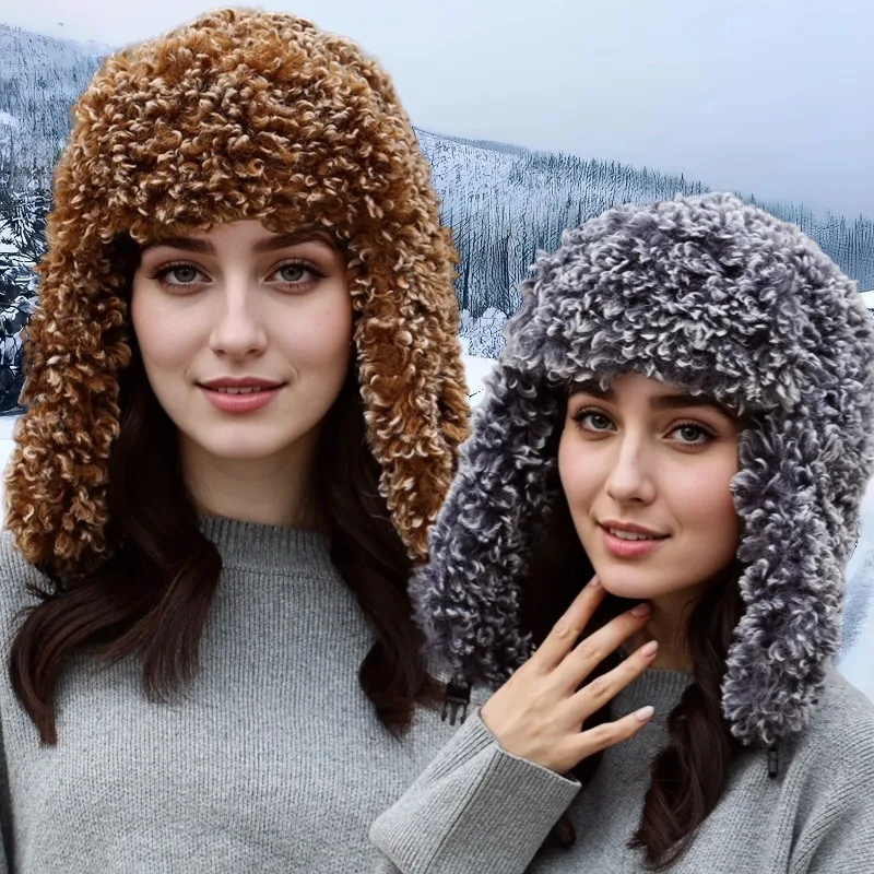 

Fashion Adults Trapper Hat Aviator Ushanka Extreme Cold Imitation Lamb Fur Woolen Cap ear-protecting Warm Women Skiing 8M97