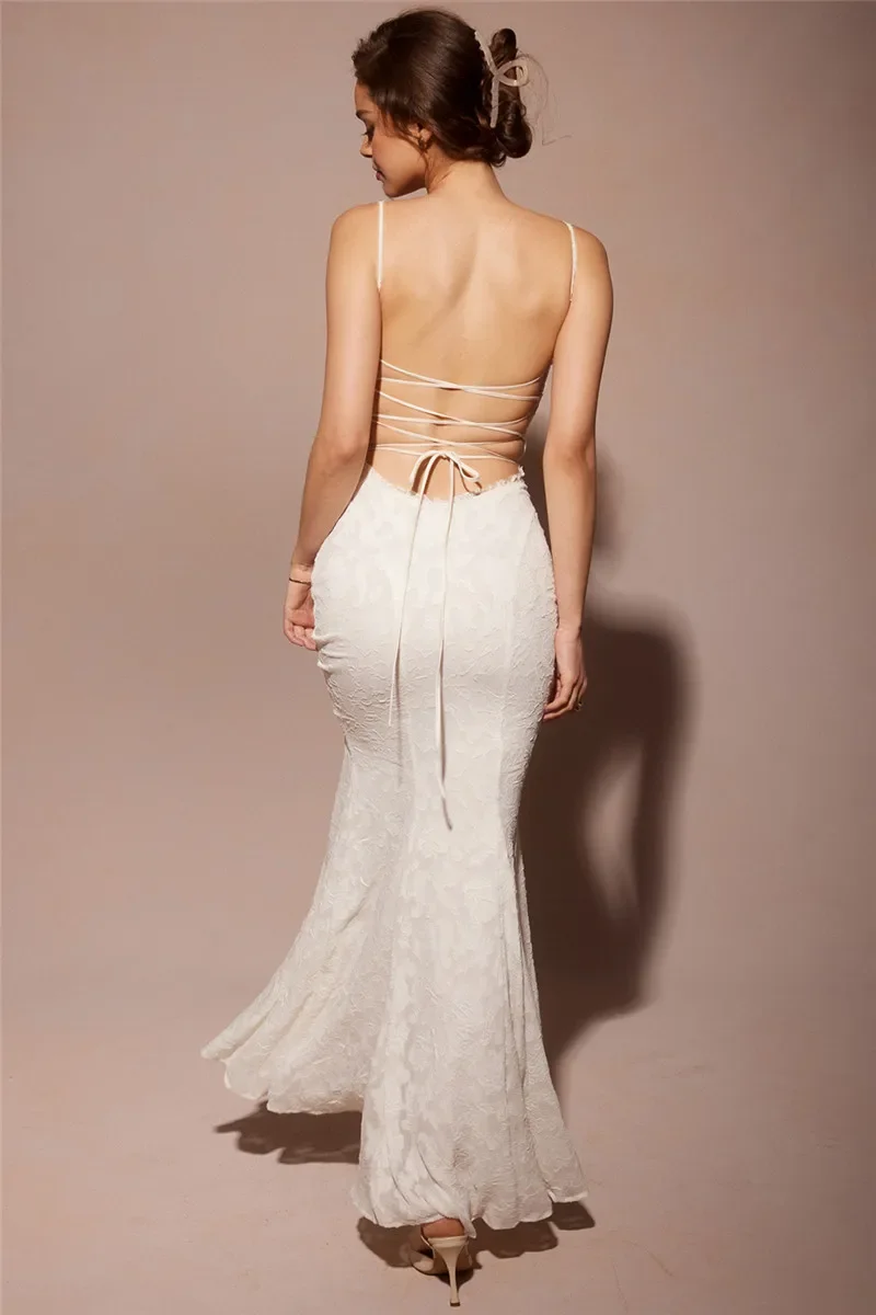 

Suninbox White Backless Lace-up Sexy Maxi Dress For Women Gown Summer New Spaghetti Strap Sleeveless Bodycon Party Long Dress