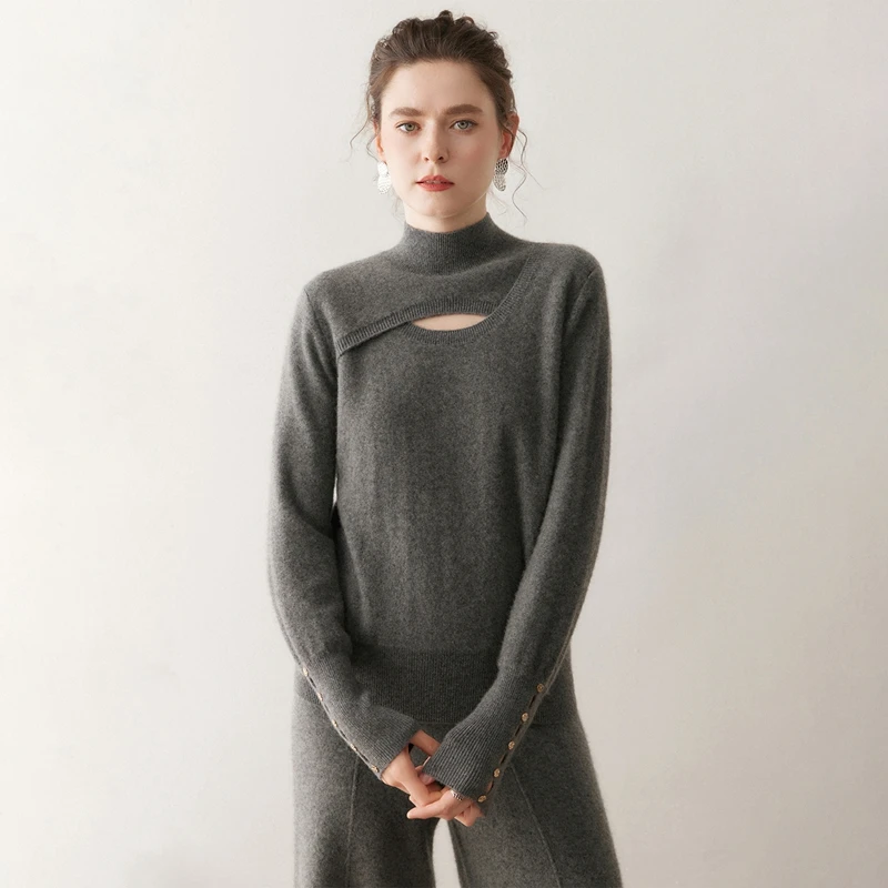 ANGEL Donna Autunno Inverno 100% Cashmere Pullover Maglione Mezza alta collo cavo Pullover Design con bottoni Cashmere New Chic Top