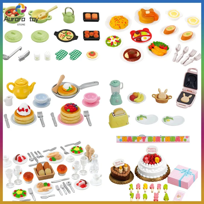 Original Sylvanian Families Food Cooking Tableware Breakfast Lunch Gourmet Set Birthday Cake Pretend Play Ornament Gifts Collect