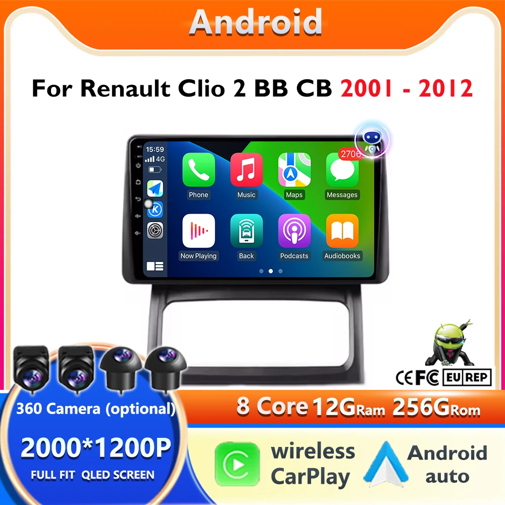 Android 16 Car Radio Screen for Renault Clio 2 BB CB 2001-2012 Navigation GPS Android Auto Carplay Car Intelligent Systems Tools