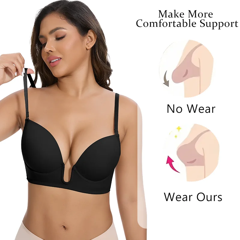 حمالة صدر نسائية عميقة على شكل حرف V ملابس داخلية مثيرة بحزام قابل للتعديل ملابس داخلية غير مرئية رافعة للصدر بدون ظهر حمالات صدر منخفضة القطع قابلة للتنفس #5