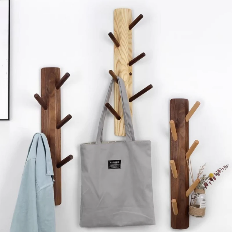 Walnut Wood Branch Coat Hooks Wall Mounted Entryway Hanger Rack Creative Nordic Wooden Decorative