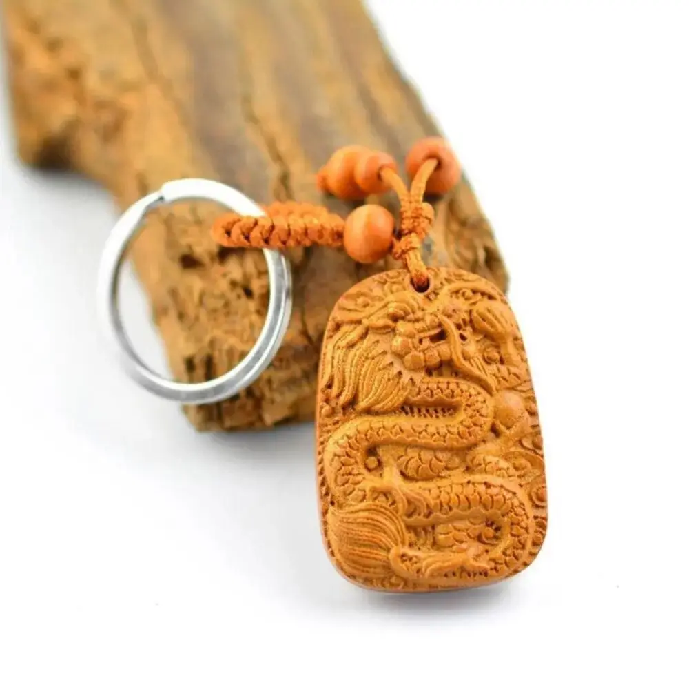 Peach Wood Carving Chinese Dragon Lucky Statue Pendant Buckle Keychain Keyring Chinese Dragon Home Decoration Accessories