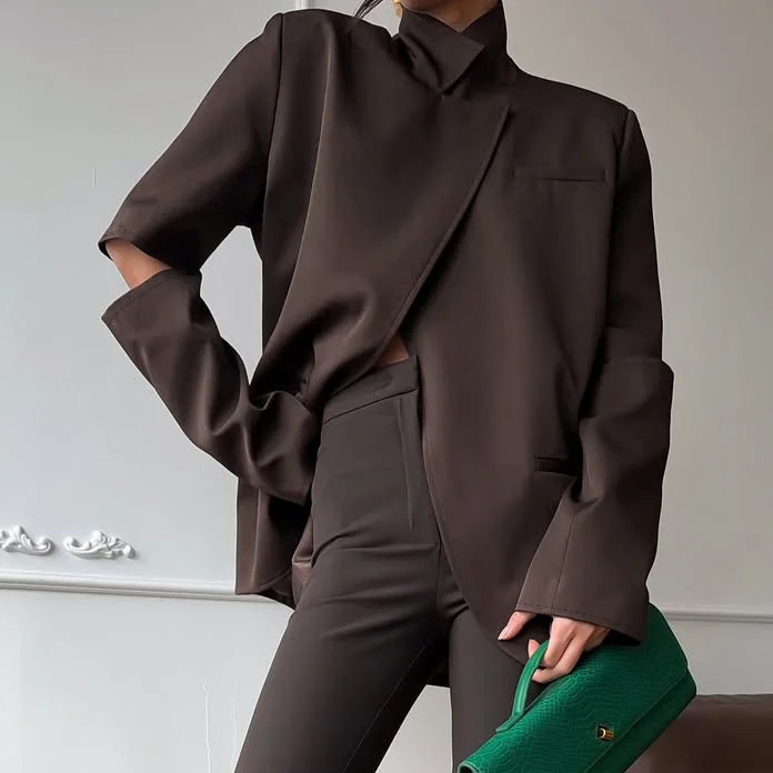Women Dark Brown Stand Collar Blazer Coat Asymmetrical Placket Hollow out Sleeve Elegant Lady Office Commuter Suit Jacket
