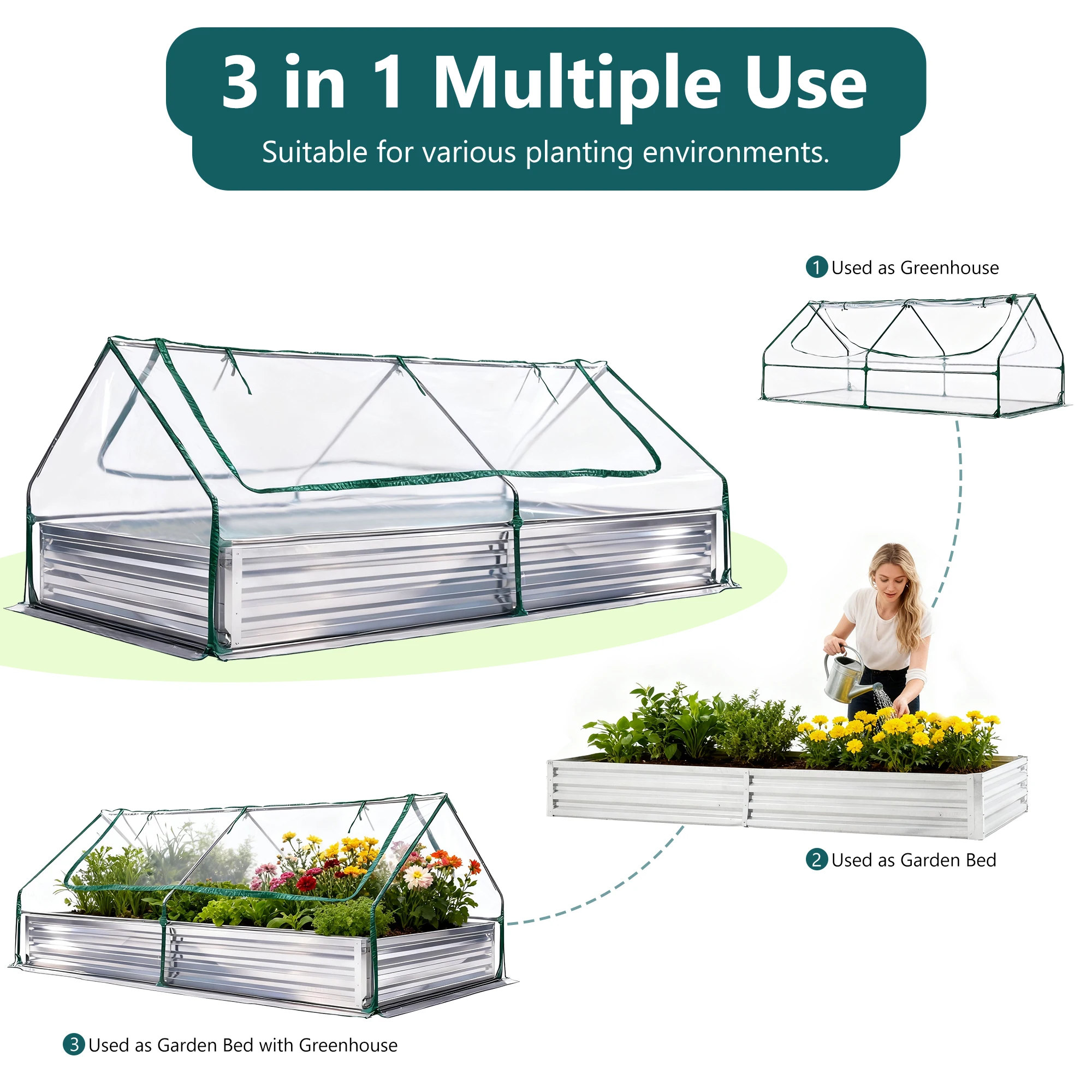 JHK 6x3x2ft Large Metal Garden Bed Galvanized Raised Garden Bed with Cover Planter Box Outdoor for Deep-Rooted Vegetables Flower