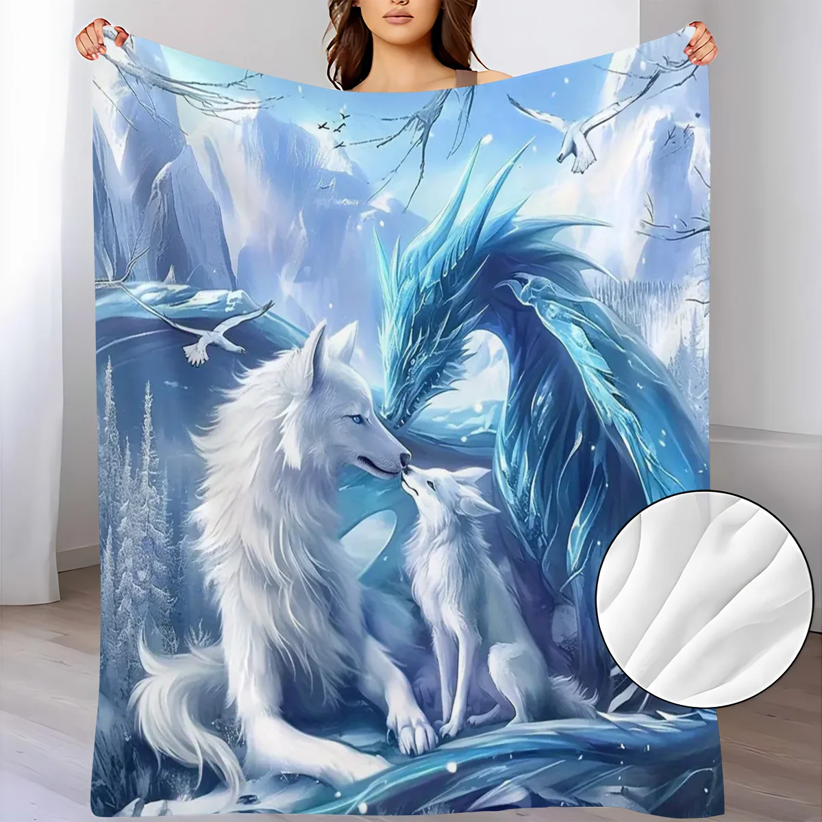 Mystical Ice Dragon White Wolf Family Snow Mountain Scene Pattern Flannel Blanket Warm Cozy Printed Throw Blanket