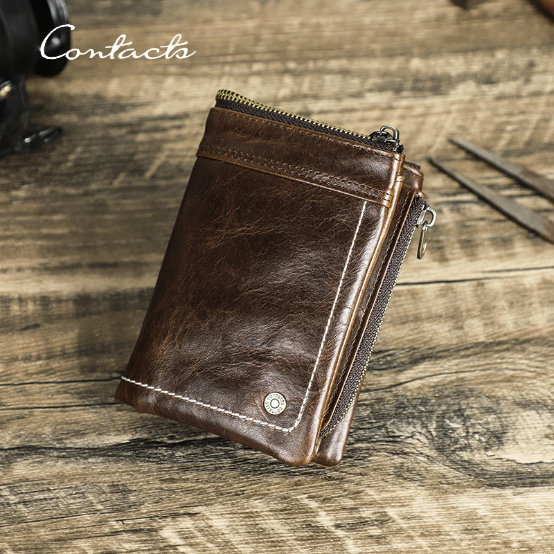 CONTACT'S Genuine Leather Men Wallet Detachable Zipper Coin Purse RFID Card Holder Money Clip Casual Men's Wallet AirTag Purse