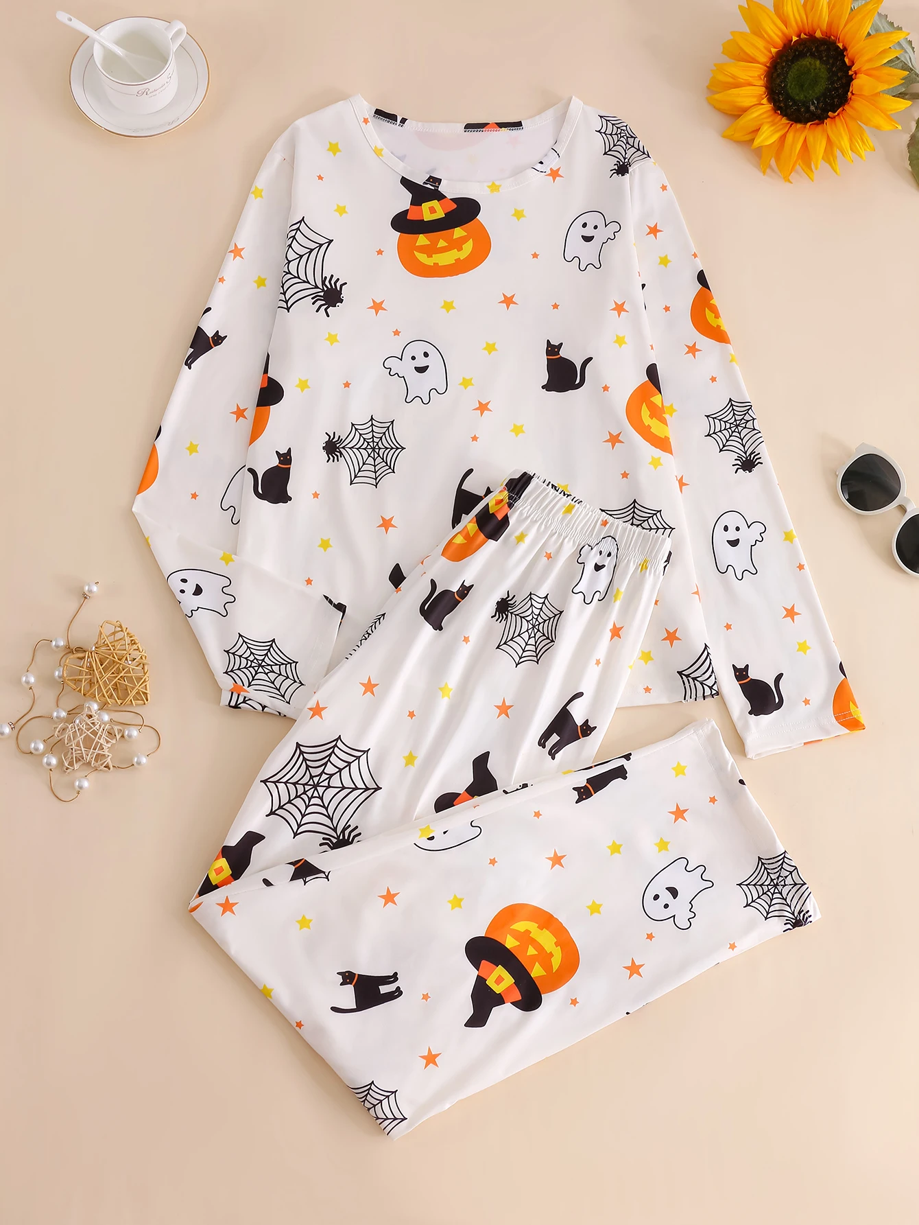 Halloween women\'s long-sleeved T-shirt and elastic pants pajamas fall spring clothes home clothes 2-piece leisure cute printed p