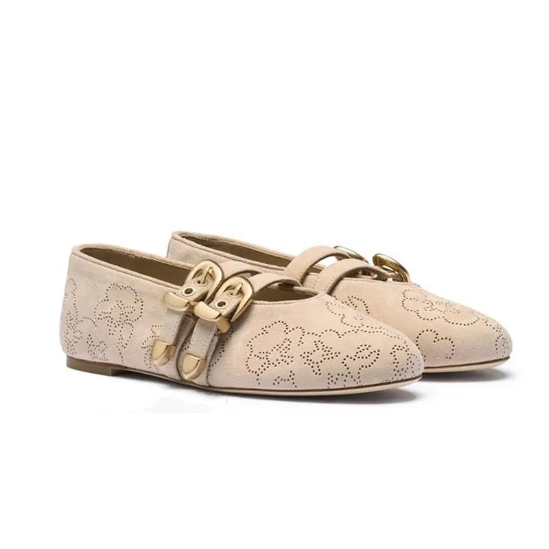 

Round-Toed Flat-Soled Strap Buckle Loafers Comfortable Soft Patterned Mary Janes Ballet Shallow Suede Women's Shoes Chaussure