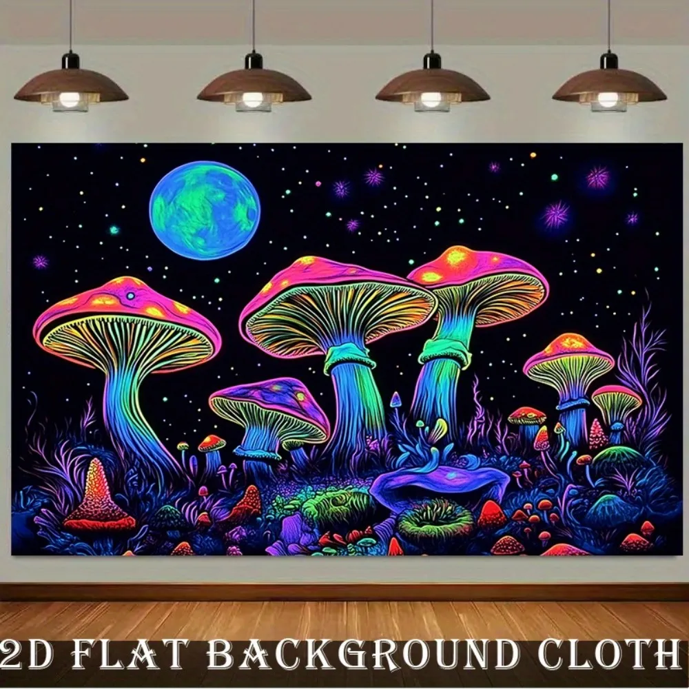VIKAMA Neon-Fluoreszierender Pilzwald Psychedelischer Wandteppich, Wandkunst zum Aufhängen für Studentenwohnheim, Schlafzimmer und Party-Heimdekoration