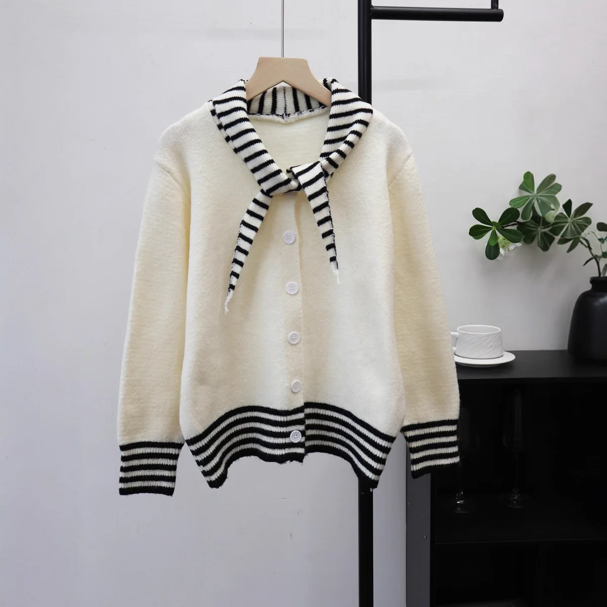 Damskie swetry rozpinane z dzianiny, łączone swetry, swetry w paski z kołnierzykiem, długi rękaw, grube, luźne, codzienne, jesień-zima 2025