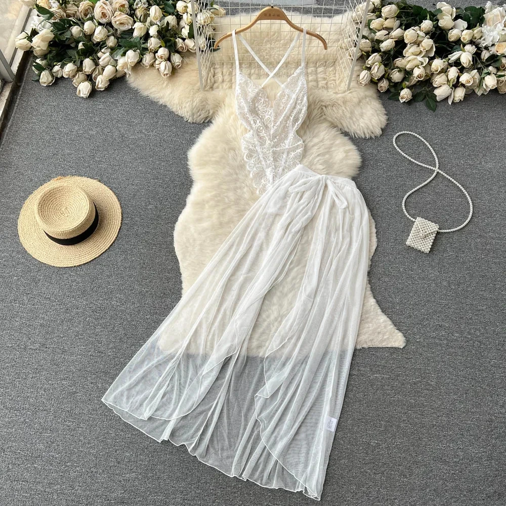 Hotsweet Playsuit-Sets für Damen, ärmellos, schmal geschnitten, rückenfrei, ausgehöhlter Body + Falten-Minirock mit elastischer Taille, sexy Club-Anzüge – Detail 22