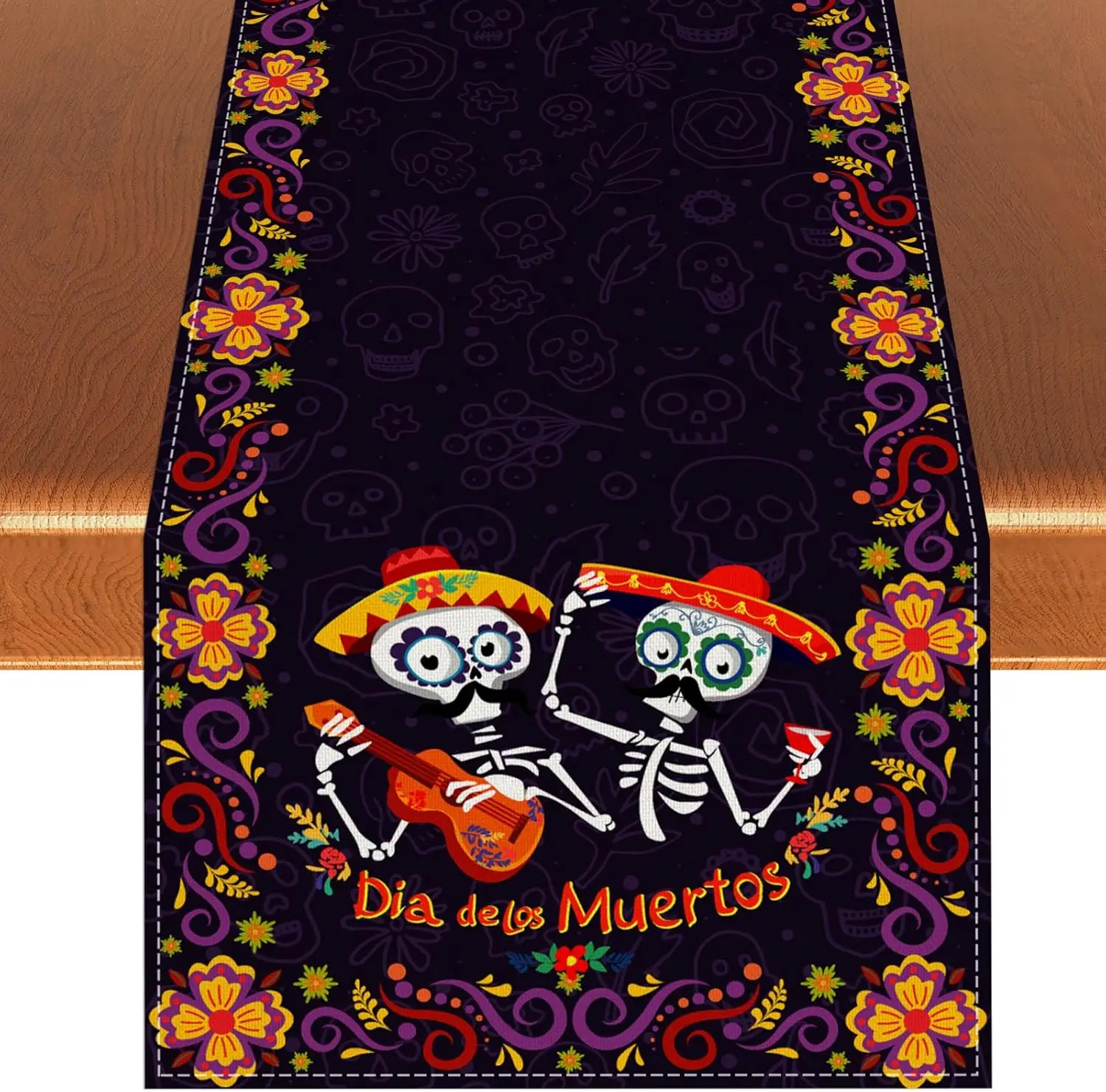 Camino de Mesa de Lino con Diseño de Calavera Mexicana para el Día de Muertos, Decoración para Fiestas, Reutilizable, para Mesa de Cocina o Comedor, Decoración para Altar de Muertos