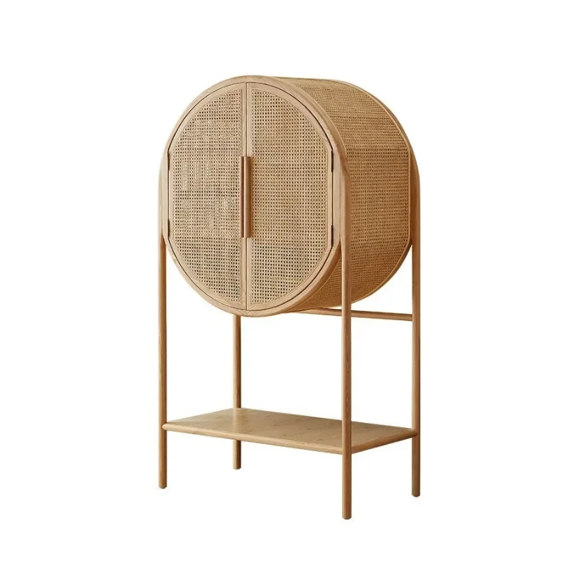 

Nordic solid wood rattan dining side cabinet, small apartment, retro wine cabinet, American light luxury integrated wall storage