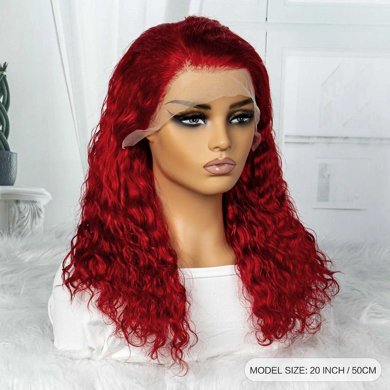 250% Density Red Colored Water Wave Human Hair for Women 13x4 Lace Frontal 20 Inches Deep Curly Brazilian Remy Human Hair Wigs