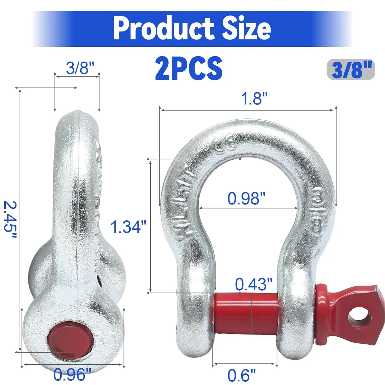 2 Pcs Shackle Galvanized Clevis Screw Pin, D Ring Anchor Shackles 2/3.25/4.75 Ton CE Certified Galvanized Bow Anchor Shackle
