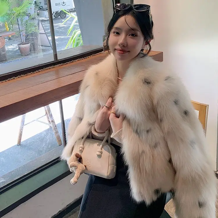 المرأة ليوبارد مطبوعة تقليد فو الثعلب الفراء معطف فو فرو منك منفذها سترة قصيرة رفض طوق فروي سترة سترة القمم