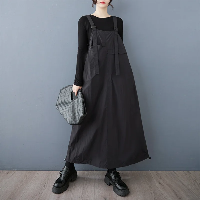 #2606 Black Sleeveless Spaghetti Straps Dress Women Ankle-length Thin Loose Streetwear Asymmetrical Overall Dress A-line Spring