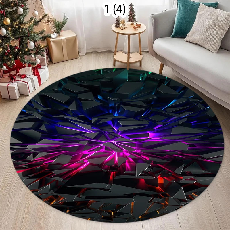 Luminous Geometric Round Area Rug with Neon Light and 3D Polygon Patterns Soft Non Slip Floor Carpet for Gaming Room Living Room