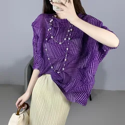 Miyake Style Pleated Top 2024 New Autumn Style Irregular Five-quarter Sleeve Loose Design Versatile T-shirt for Women