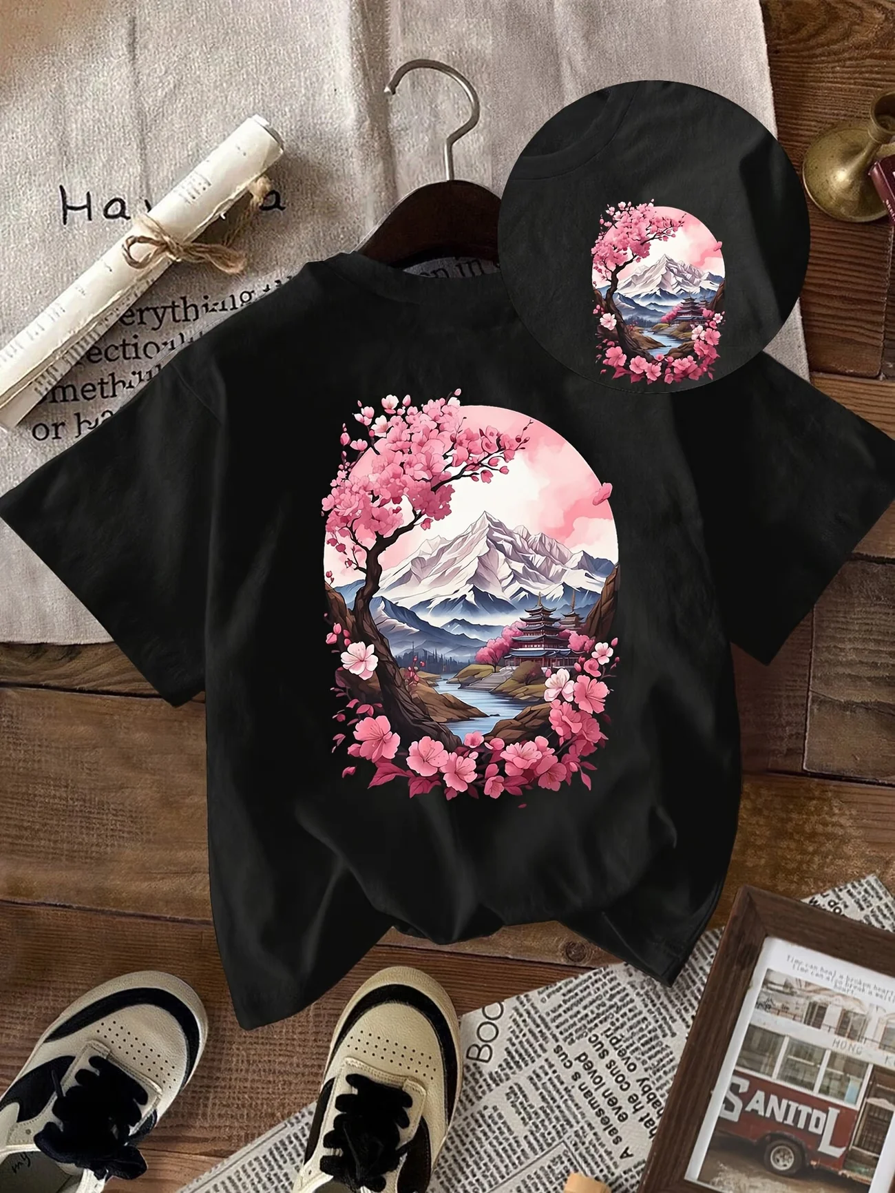 Japanese Sakura Cherry Blossom Mount Fuji Graphic T-Shirt Retro Aesthetic Pagoda Tee Harajuku Streetwear Tops