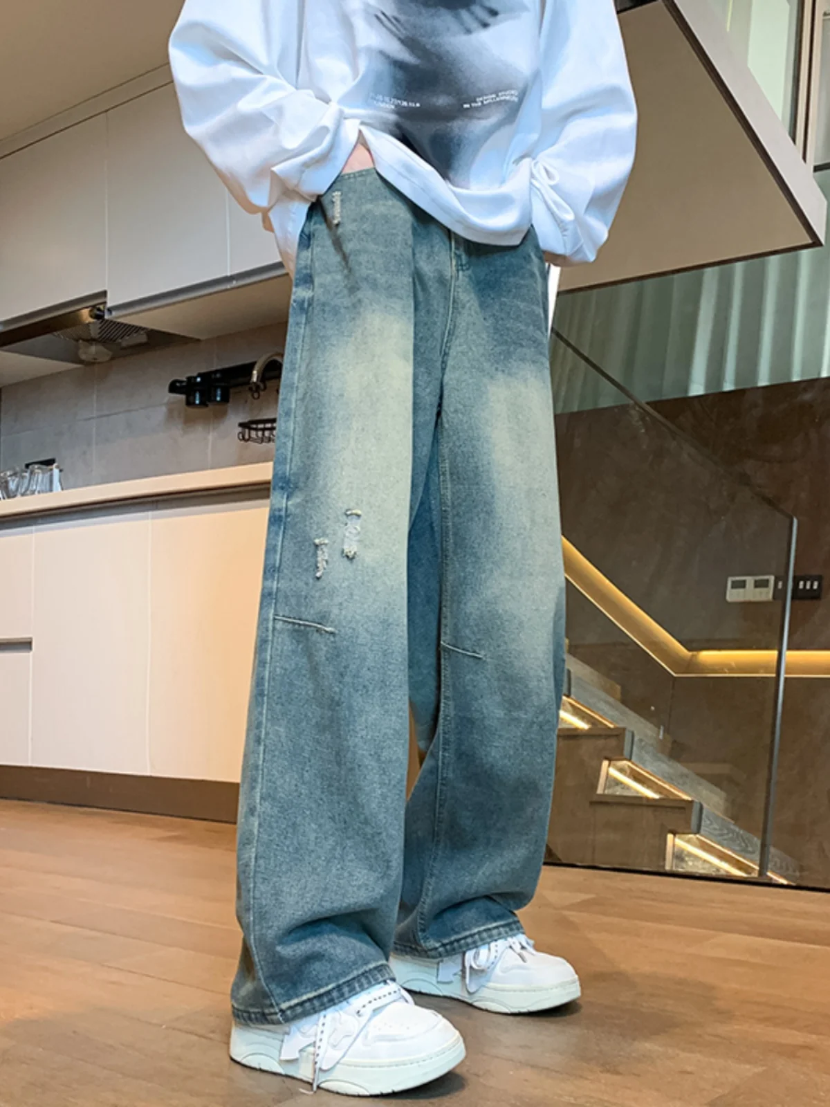 

Men's Straight Leg Jeans Spring Autumn Distred Waed American Retro High Street Loose Fit Casual Faion Hole Punching