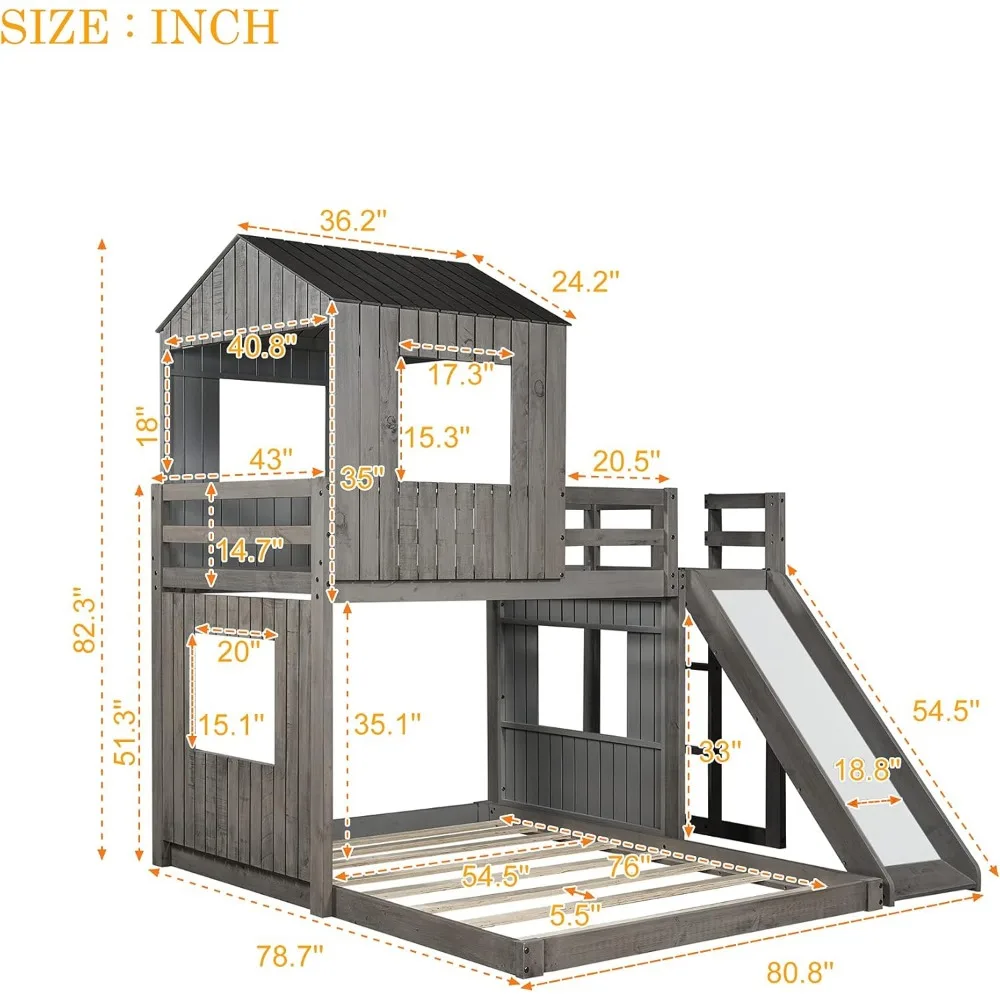 Łóżka piętrowe House Twin Over Full Size, drewniane łóżka piętrowe z dachem i oknem (pomalowane szare, Twin Over Full (z zjeżdżalnią)