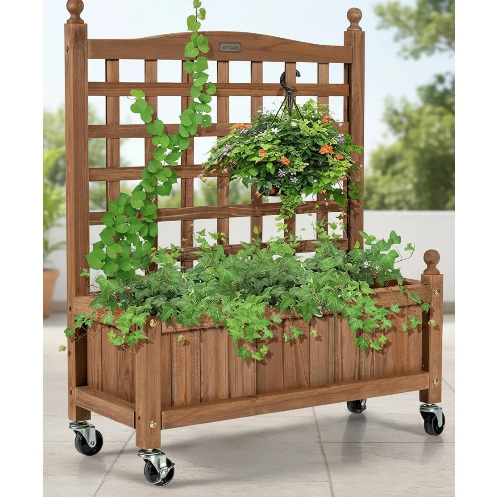 

Mobile Raised Garden Bed with Trellis & Wheels, Deep Planting Box for Climbing Plants, Balcony Patio Vertical Decor