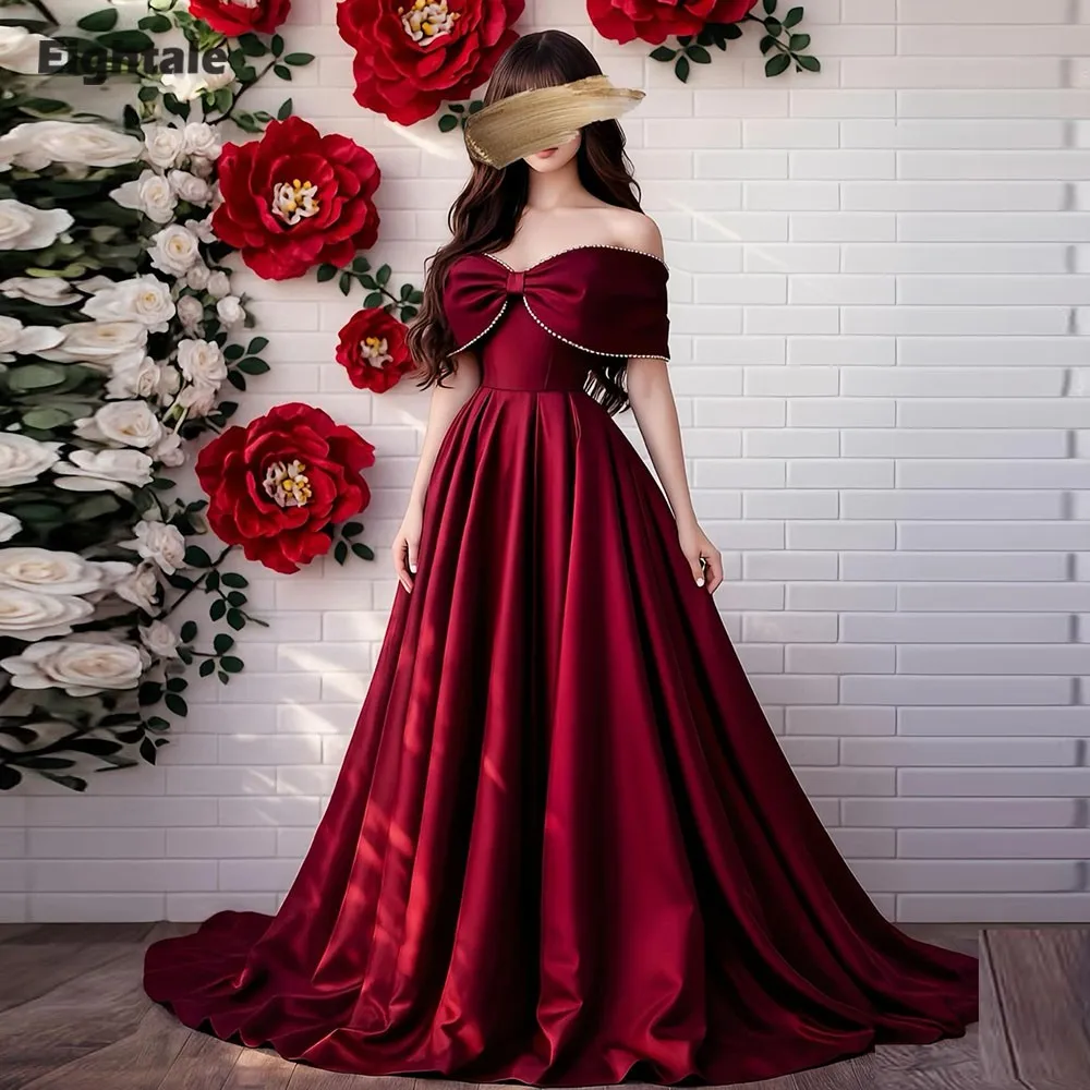 

Eightale Burgundy Evening Dress Off the Shoulder Beaded Customized A-Line Satin Arabic Prom Wedding Party Gown Vestidos De Gala