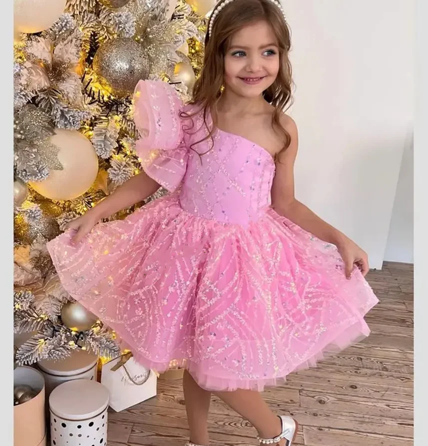 New Princess Dress One Shoulder Pink Vestido Party Wedding Birthday Pageant Gowns Kid Size 1-12Y