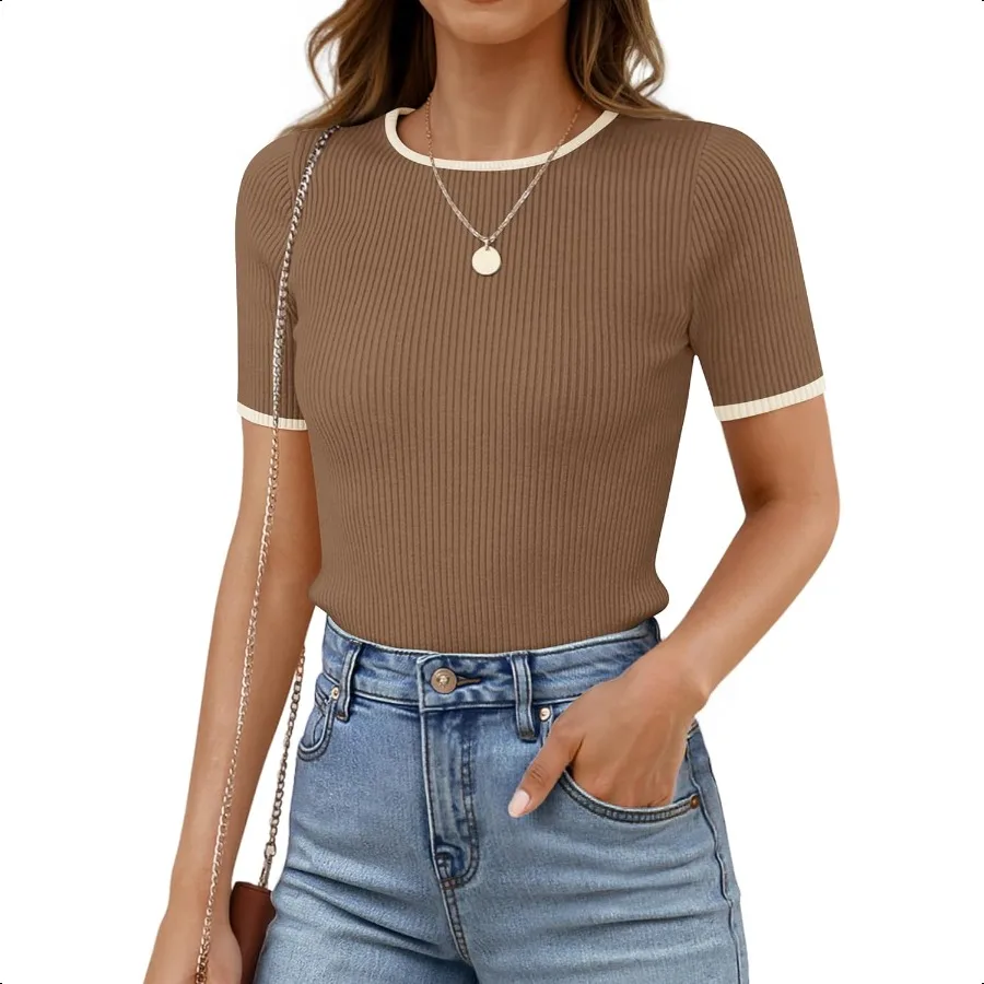 

ZESICA Women's Summer Short Sleeve Ribbed Knit Slim Fit T Shirt 2025 Crewneck Basic Casual Color Block Tee Tops
