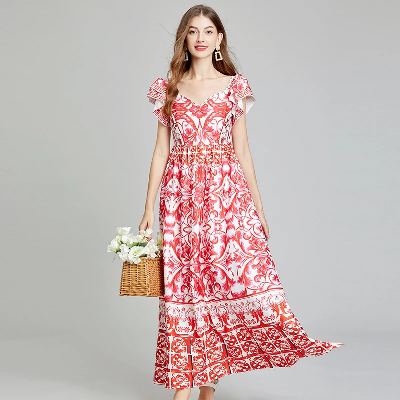

Runway Fashion Long Summer Dress Woman 2024 V Neck Sleeveless Print Maxi Holiday Vacation Dresses Beach Vestidos Para Mujer Robe