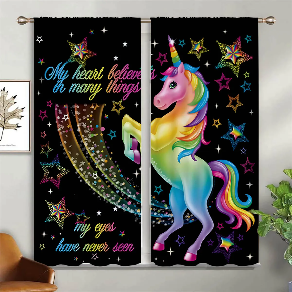 

Cute Pink Unicorn Rainbow Cartoon Print Curtains Boys And Girls Room Decoration Curtains Easy To Wash And Care 2 Pieces