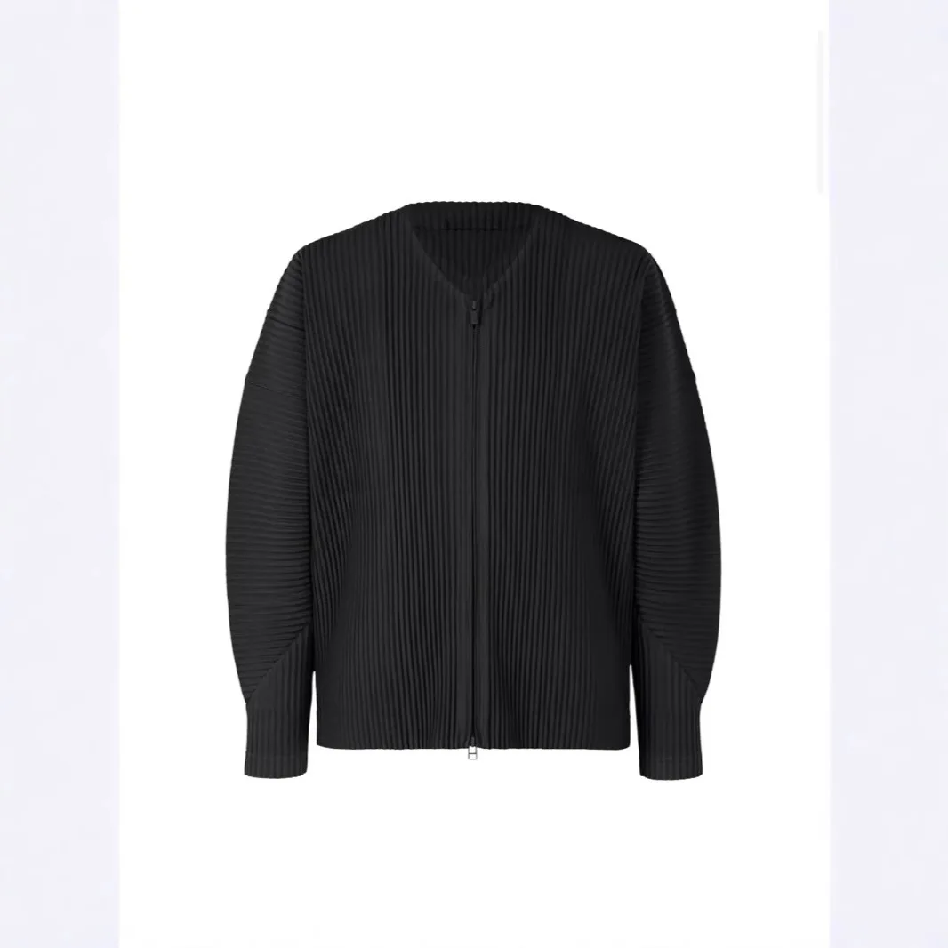 Miyake Spring Autumn Winter 2025 Men's Pleated Crew Neck Jacket Pleated Casual Long Sleeve V-Neck Plisse Zipper Jacket Men
