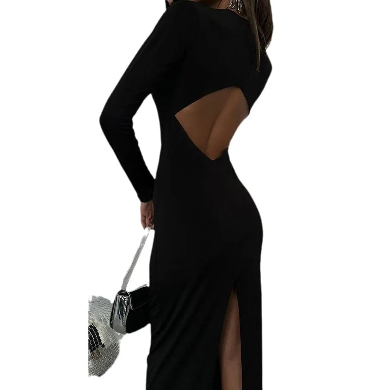 2023 Solid Color Round Neck Long Sleeved TighT Fitting Hollow Open Back Knitted HigH Elastic Sexy Special Dress For Women