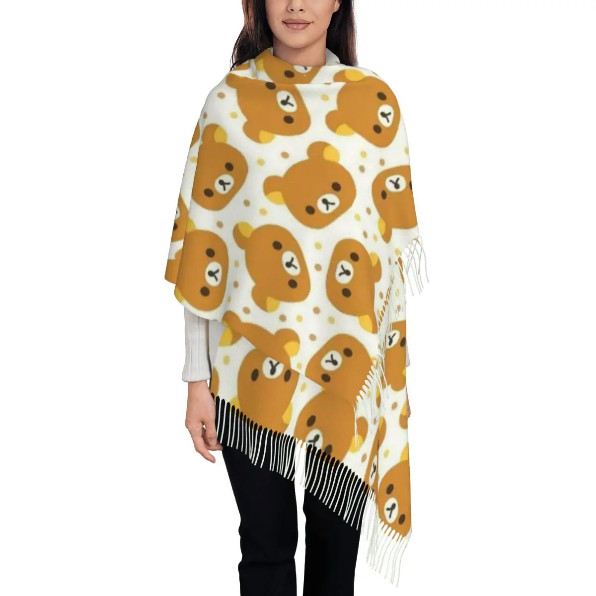 

Женский шарф с рисунком Rilakkuma на заказ, длинные зимне-осенние теплые шаль с кисточками, шарфы унисекс