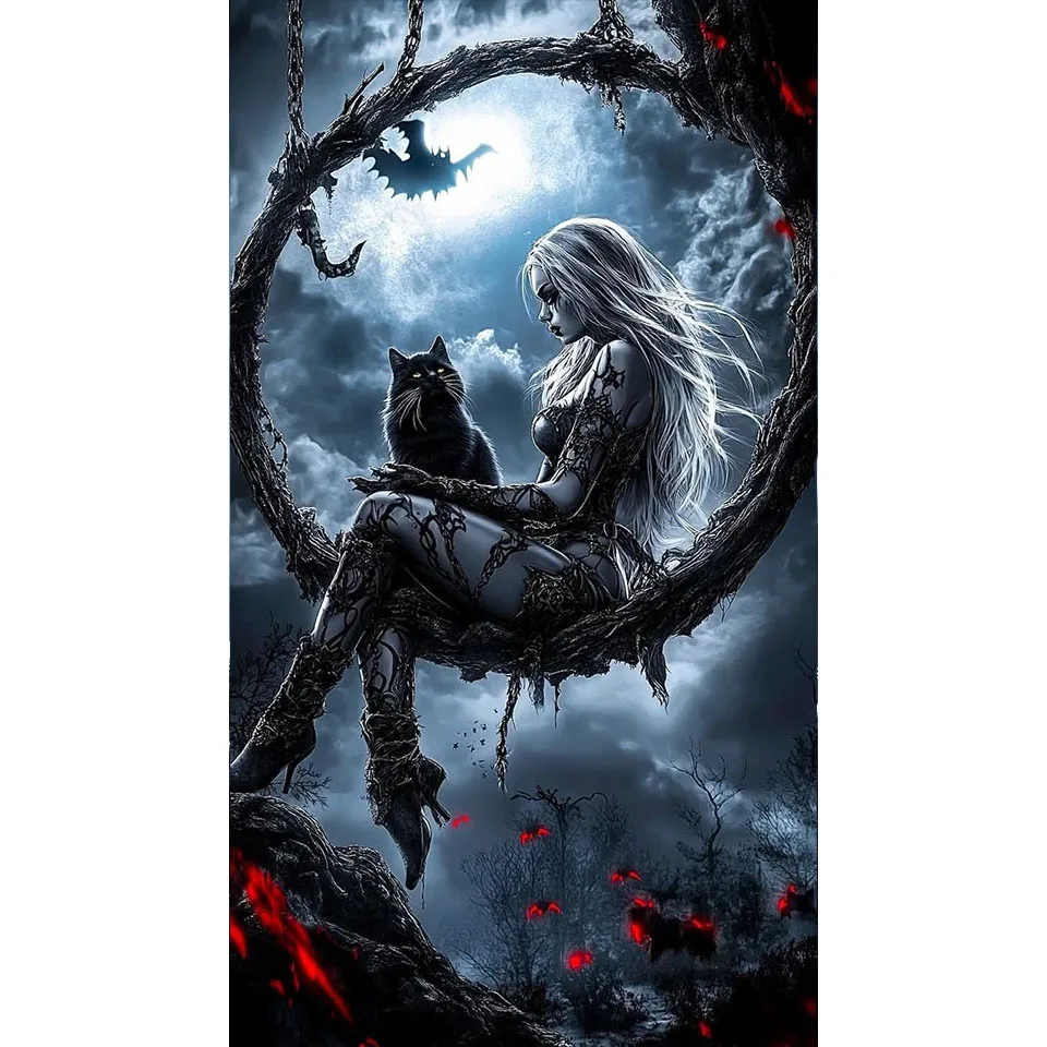 DIY الماس اللوحة مربع جولة الماس الساحرة والقط التطريز فتاة فسيفساء حجر الراين اليدوية عبر غرزة ديكور المنزل #3