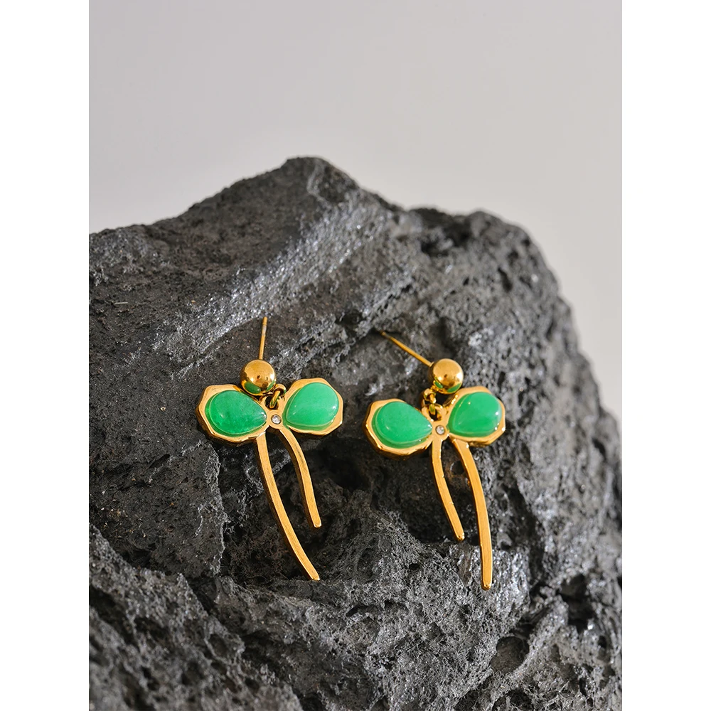 Yhpup Stainless Steel Green Color Stone Stainless Steel Bow Knot Earrings Jewelry for Women