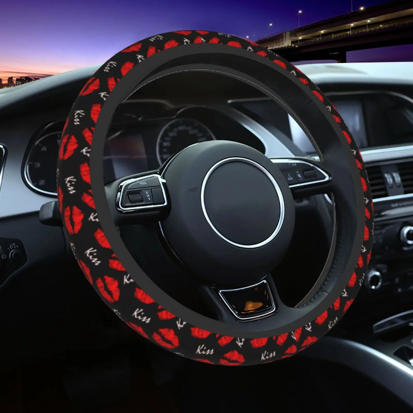 Lipstick Kiss Printed Steering Wheel Cover Automotive Accessories Universal 15 Inch Neoprene Anti Slip Moisture Absorbing