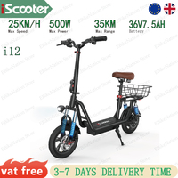 iScooter i12 Electric Scooter with Seat & Basket: 500W Motor, 36V 7.5Ah Battery, 35KM Range, 12 Inch Foldable Mobility Scooter