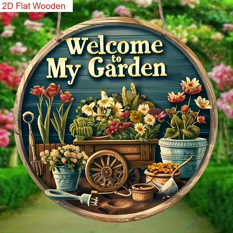

"Rustic Spring Garden Welcome Sign - Wooden Decor with Wheelbarrow & Flowers for Lawn, Patio, Yard - Home Decoration"