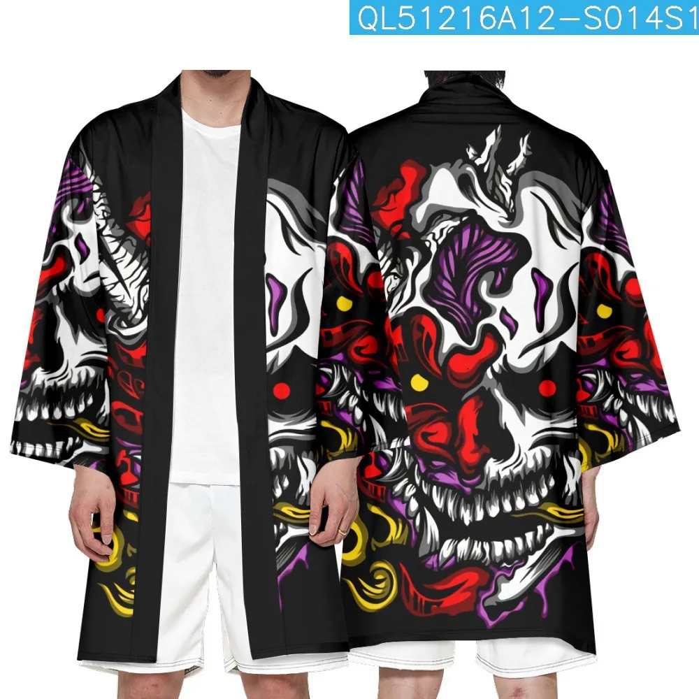 

Demon Printed Cardigan Harajuku Long Style Kimono Women Men Japanese Street Samurai Cosplay Yukata Tops