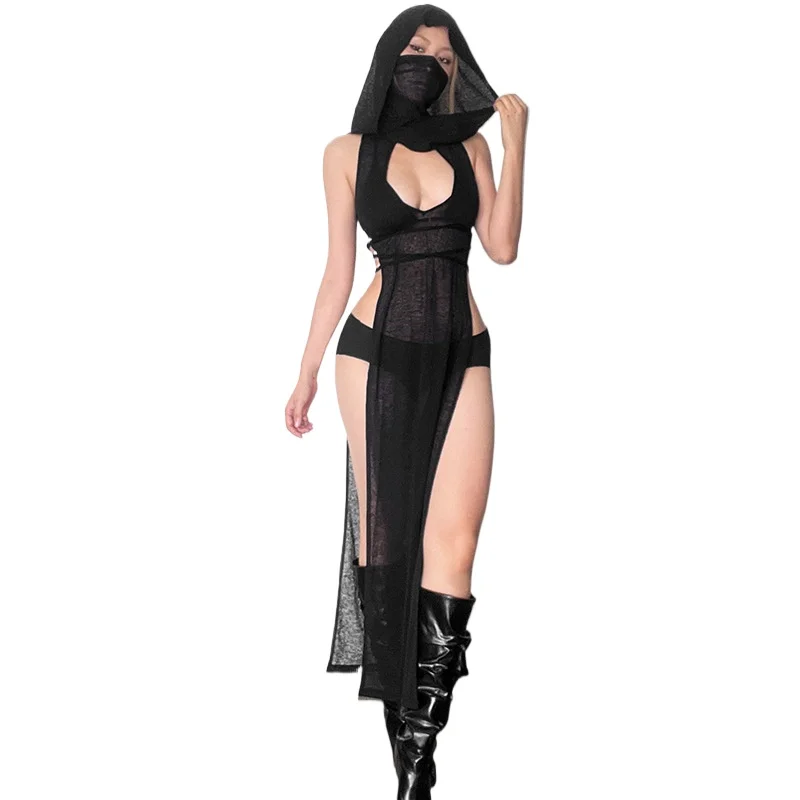 

Women's Sexy High Thigh Length Slit Hooded Dress Hooded Sleeveless Vest Robe Women's Sexy Club Bar Cosplay Ninja Costume 2025