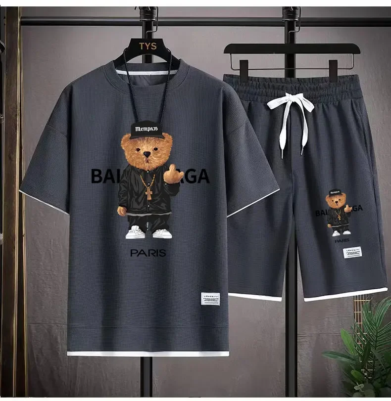 2024 Korean fashion Printed bear T-Shirts Shorts Men\'s Sets Luxury leisure 2 Piece Outfit Streetwear Summer Quality Tracksuit