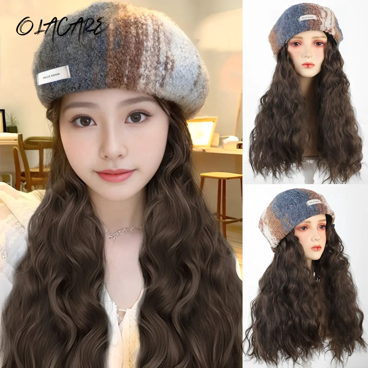 Synthetic Long Curly Wavy Hair Curled black knitted beret With Hair Wigs Warm Integrated Fashion Autumn Winter Cap Wig For Women