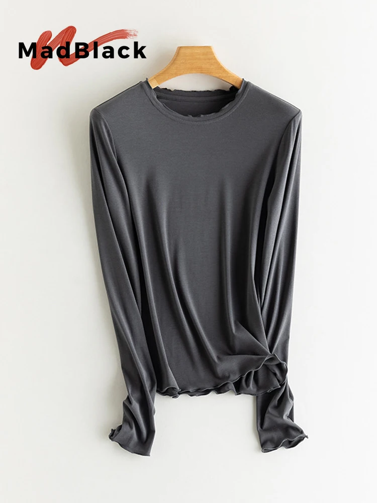 MadBlack-Silk Blend Elegant Knit T-Shirt, Ruffled Long Sleeve, Women Skin-friendly Slim Bottom Top, 2026 Autumn New T67212CC