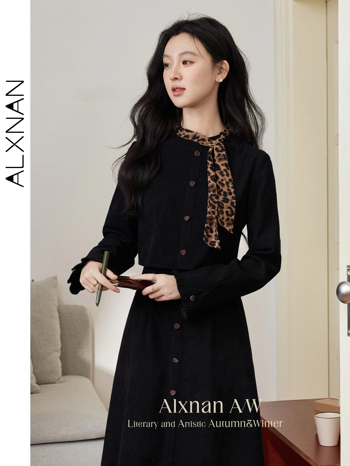 

ALXNAN Women's Dress 2025 Autumn Winter Elegant Black Long Fake Two-Piece Dresses Office Lady Casual Long Sleeve Clothing L51766
