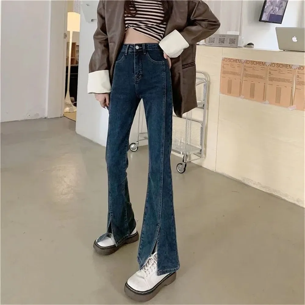 

Vintage Flared Jeans Korean Retro High Waist Stretch Tight Sexy Slit Straight Pendent Long Floor Pants Lady Women Streetwear